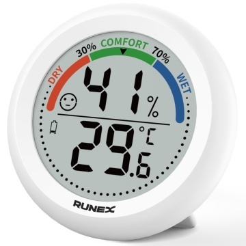Resigilat - Termometru si Higrometru Digital de Camera Runex®, Ecran LCD 2 inch, Masurare Temperatura si Umiditate, Indicator Vizual de Confort, Actualizare la 10 Secunde, Comutare °C/°F, Indicator Baterie, Suport de Masa si Agatatoare, Pentru Camera