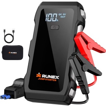 Starter Auto Multifunctional Runex®, Jump Starter Masina, Baterie Litiu-Ion 10000 mAh, Curent 1200 A, Pornire Motoare Benzina pana la 8 L, Diesel pana la 4 L, 80 Porniri, Lanterna 800 Lumeni, Powerbank, 2 x USB, Type-C, Ecran Inteligent, Cleme Incluse