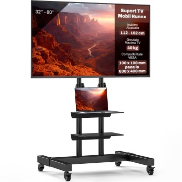 Suport TV Mobil pe Roti Runex®, Stand pentru Televizoare 32-80 Inch, Compatibil VESA 100x100 - 600x400 mm, Inaltime Reglabila 112-162 cm, Sarcina Maxima 40 kg, 2 Rafturi Media, Structura Dubla, Roti 360° cu Blocare, Management Cabluri, Sistem de Siguranta