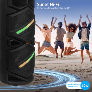Boxa Portabila Tip Troler Runex®, Microfon Wireless, Bluetooth 5.0, 40W, 3600mAh, Jocuri Lumini RGB - Img 4