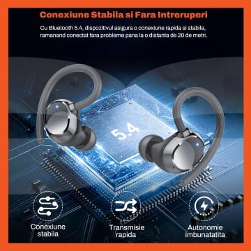 Casti Audio Wireless RUNEX®, Model Race TX10, Sport, Microfon ENC, Afisaj LED, Control Tactil, Autonomie 72h, Carcasa Magnetica, 600mAh, Negru - Img 7