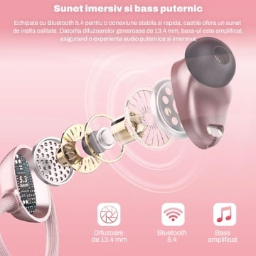 Casti Audio Wireless RUNEX®, Model Race TX10, Sport, Microfon ENC, Afisaj LED, Control Tactil, Autonomie 72h, Carcasa Magnetica, 600mAh, Roz - Img 3