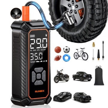 Compresor Auto Portabil 3 in 1 Runex®, 120W, 12V, Tip Baterie Externa, Capacitate 6000 mAh, Afisaj Digital LED, Oprire Automata, USB-C, Manometru, Oprire Automata, Pompa Aer Masina, Umflare Roti, Minge, Bicicleta, Lumina LED, 25 L/min, 6 Accesorii Incluse - Img 1