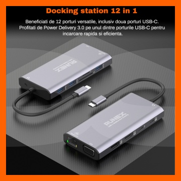Docking Station USB Type-C 12 in 1 RUNEX® 2 x HDMI, 2 x Type-C, 3 x USB-A 3.0, VGA, Card Reader si Micro Cititor, 1000mbps, Jack AUX - Img 7