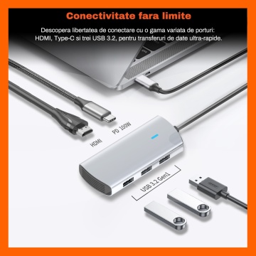 Hub USB 6 in 1 RUNEX®, Conexiune Type-C, 3 Porturi USB 3.2, Semnal Video HDMI 4K 30hz - Img 2