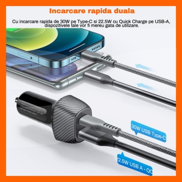 Incarcator Auto Rapid RUNEX®, 2 Porturi 52.5W, Power Delivery Type-C 30W, Quick Charger USB 3.1 22.5W, Protectie Scurtcircuit - Img 5
