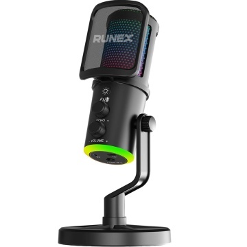 Microfon Gaming Runex® MS200, Unidirectional, Anulare Zgomot ENC, Iluminare RGB, Monitorizare Audio in Timp Real, USB-C, Jack 3.5 mm, 48 kHz, Raspuns 20 Hz–16 kHz, Compatibil Windows, macOS, Android si iPadOS