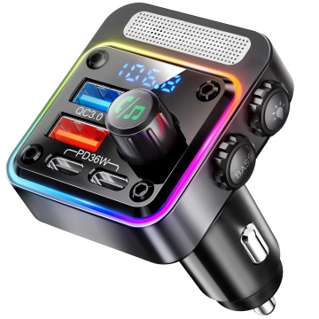 Modulator FM Masina Runex®, Functie Incarcator Auto, Bluetooth 5.3, 2x Porturi Type-C, 2x Porturi USB, Incarcare Rapida, Putere 54W, Hands-Free, Microfon Extern, 5 Moduri Iluminare, Afisaj Digital, Compatibilitate Universala 12V, 24V