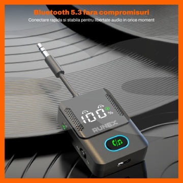 Resigilat - Adaptor Bluetooth Runex®, Bluetooth 5.3, Receptor si Transmitator Audio 2 in 1, RX/TX, Jack 3.5 mm, Display LED, Baterie 240 mAh, Autonomie pana la 17 Ore, Conectare Simultana 2 Dispozitive, Compatibil TV, Telefon, Casti, Boxe, Negru - Img 2