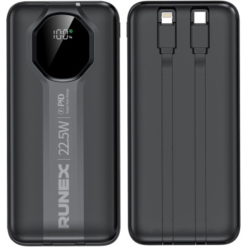 Resigilat - Baterie Externa Runex®, Model PB900, 30.000mAh, Power Bank Portabil, Incarcare Rapida 22.5W, 6 Porturi, Display LED, Compatibil Apple, Samsung, Universal, Acumulator 2 Cabluri, Type-C, Lightning