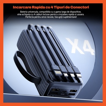 Resigilat - Baterie Externa Runex®, Model PB910, 30.000mAh, Power Bank Portabil, Incarcare Rapida 22.5W, 6 Porturi, Display LED, Compatibil Apple, Samsung, Universal, Acumulator 4 Cabluri, Type-C, Lightning, Micro-USB, USB-A - Img 4