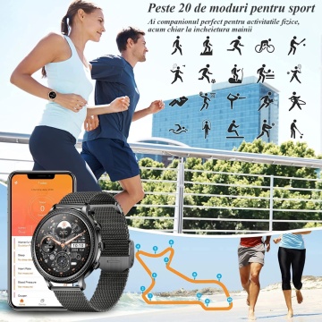 Resigilat - Ceas Smartwatch, Apelare Bluetooth, Asistenta Vocala, Curea Metalica din Silicon, Notificari Apeluri/Sms/Social Media, Monitorizare Activitati Fizice, Gold - Img 6