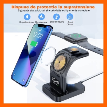 Resigilat - Incarcator Wireless 5 in 1 RUNEX®, Statie de Incarcare Rapida, Ceas Digital, Lumina de Veghe, Alarma, Fast Charging Compatibil - Img 3