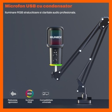 Resigilat - Microfon Gaming RUNEX®, Pop Filter, Condensator, Brat Articulat Prindere Masa, Iluminare RGB, Reducere Zgomot, Echo & Volume Control, USB-C, 16mm, Streaming Youtube, Tiktok, Twitch, Discord, Compatibil Universal, Mufa Jack 3.5mm, Negru - Img 7