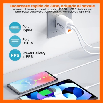 Resigilat - Set Incarcator 30W Runex®, Porturi Type-C si USB-A, Compatibil iPhone, Samsung, Huawei, Universal, Cablu Type-C 100 cm - Img 6