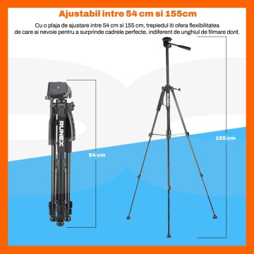 Resigilat - Trepied Foto Runex® Profesional, Telecomanda, Suport Telefon, Ajustabil 54 - 155cm, Pliabil, Husa, Nivela, Aluminiu, Negru - Img 6