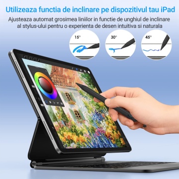 Stylus iPad Pen, WowStep®, Compatibil cu Tablete Apple, 10 Capete de Rezerva, Afisaj Procentaj Baterie, Negru - Img 2