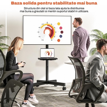 Suport TV Mobil pe Roti Runex®, Stand pentru Televizoare 23-60 Inch, Compatibil VESA 100x100 - 400x400 mm, Inaltime Reglabila 139.7-144.8 cm, TV Plat sau Curbat, Sarcina Maxima 39.9 kg, Raft Reglabil, Inclinare -2°/+8°, Roti cu Blocare, Management Cabluri - Img 5