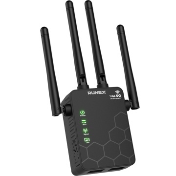 Amplificator Wireless Runex®, Dual Band 2.4G / 5G, Viteza 300 Mbps pe 2.4G si 866 Mbps pe 5G, 4 Antene 2dBi, 2 Porturi LAN, Semnal Stabil, Fallback Automat, Acoperire Puternica