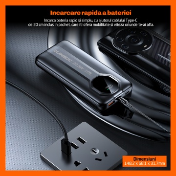 Baterie Externa Runex®, Model PB900, 20.000mAh, Power Bank Portabil, Incarcare Rapida 22.5W, 3 Porturi, Display LED, Compatibil Apple, Samsung, Universal, Acumulator 2 Cabluri, Type-C, Lightning - Img 7