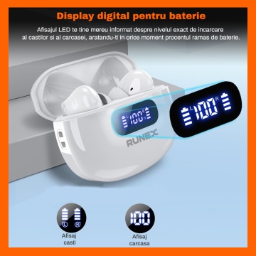 Casti Wireless Audio RUNEX®, Model Urban CX20, Afisaj LED, Control Tactil, Autonomie 40h, Alb - Img 2
