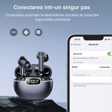 Casti Wireless, Bluetooth 5.3, Microfon, Control prin Atingere, Afisare LED, Incarcare Type-C, Autonomie 35h - Img 2