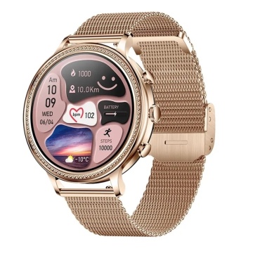 Ceas Smartwatch, Apelare Bluetooth, Asistenta Vocala, Curea Metalica din Silicon, Notificari Apeluri/Sms/Social Media, Monitorizare Activitati Fizice, Gold