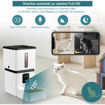 Hranitor Automat pentru Caini si Pisici, WowStep®, Wireless 5G, Sunet Bidirectional, Capacitate Dispenser Mancare 8l, Functie Adapator, Programabil, Aplicatie Telefon, Sursa Alimentare Duala, Camera Video cu Night Vision, Culoare Alb - Img 7