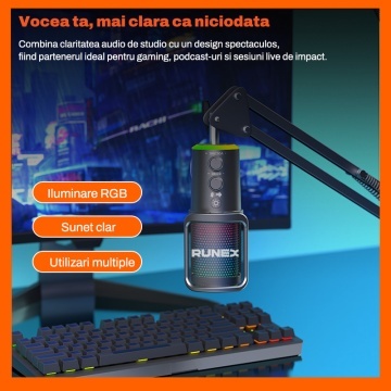 Microfon Gaming RUNEX®, Pop Filter, Condensator, Brat Articulat Prindere Masa, Iluminare RGB, Reducere Zgomot, Echo & Volume Control, USB-C Plug&Play, 16mm, Streaming Youtube, Tiktok, Twitch, Discord, Compatibil Universal, Mufa Jack 3.5mm, Negru - Img 6
