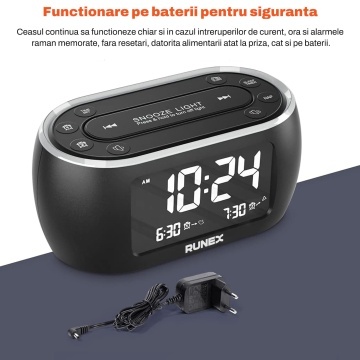 Radio cu Ceas RUNEX®, Alarma Dubla, Lumina de Veghe in 7 Culori, Afisaj Digital cu Luminozitate Reglabila 0-100%, Radio FM, Port USB, Incarcarea Telefonului, Temporizator Somn, Memorare Setari prin Baterii, 12x6x6 cm, Design Modern, Negru - Img 4