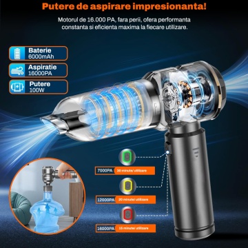 Resigilat - Aspirator Auto 7 in 1 Portabil, Runex®, Model Airo, 16000 PA, Baterie 6000mAh, Autonomie 30 minute, 100W, Motor Brushless, Aspirare, Suflare, Vacuum, 3 Viteze, Type-C, 7 Accesorii, Filtru HEPA, Aspirator Masina si Casa - Img 2