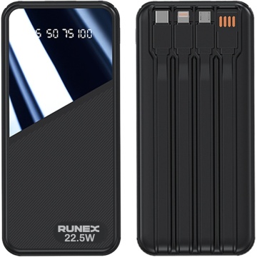 Resigilat - Baterie Externa Runex®, Model PB910, 10.000mAh, Power Bank Portabil, Incarcare Rapida 22.5W, 4 Porturi, Display LED, Compatibil Apple, Samsung, Universal, Acumulator 4 Cabluri, Type-C, Lightning, Micro-USB, USB-A