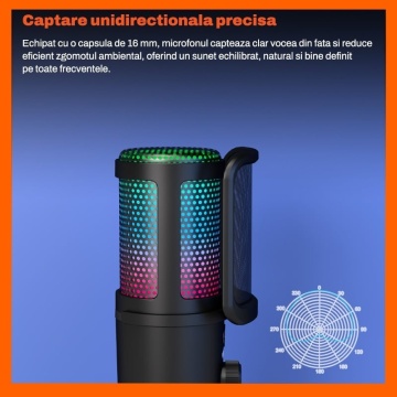Resigilat - Microfon Gaming RUNEX®, Pop Filter, Condensator, Brat Articulat Prindere Masa, Iluminare RGB, Reducere Zgomot, Echo & Volume Control, USB-C, 16mm, Streaming Youtube, Tiktok, Twitch, Discord, Compatibil Universal, Mufa Jack 3.5mm, Negru - Img 4