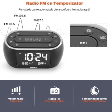 Resigilat - Radio cu Ceas RUNEX®, Alarma Dubla, Lumina de Veghe in 7 Culori, Afisaj Digital cu Luminozitate Reglabila 0-100%, Radio FM, Port USB, Incarcarea Telefonului, Temporizator Somn, Memorare Setari prin Baterii, 12x6x6 cm, Design Modern, Negru - Img 2