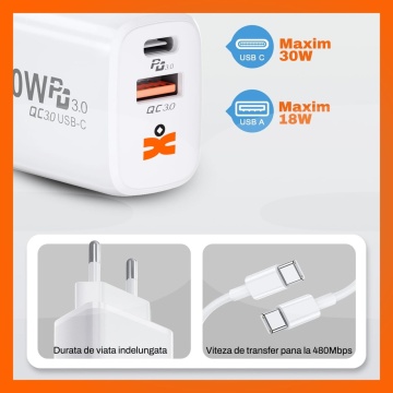Resigilat - Set Incarcator 30W Runex®, Porturi Type-C si USB-A, Compatibil iPhone, Samsung, Huawei, Universal, Cablu Type-C 100 cm - Img 3