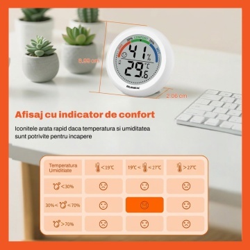 Resigilat - Termometru si Higrometru Digital de Camera Runex®, Ecran LCD 2 inch, Masurare Temperatura si Umiditate, Indicator Vizual de Confort, Actualizare la 10 Secunde, Comutare °C/°F, Indicator Baterie, Suport de Masa si Agatatoare, Pentru Camera - Img 5