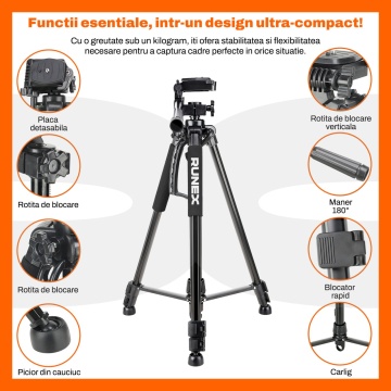 Resigilat - Trepied Foto Runex® Profesional, Telecomanda, Suport Telefon, Ajustabil 54 - 155cm, Pliabil, Husa, Nivela, Aluminiu, Negru - Img 3