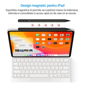 Stylus iPad Pen, WowStep®, Compatibil cu Tablete Apple, 10 Capete de Rezerva, Afisaj Procentaj Baterie, Negru - Img 3