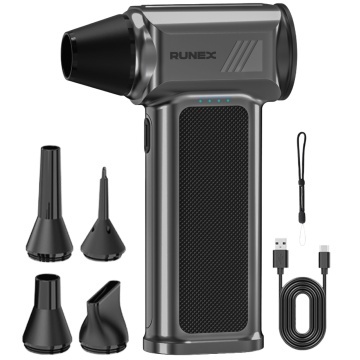 Suflanta Aer Comprimat Portabila Runex®, 7.4V, Forta Suflare 150G, Motor 115000 RPM, Putere 130W, Autonomie 15-48 Minute, Incarcare USB Type-C, Baterie 2500 mAh x 2, Motor Puternic, Zgomot Redus, Accesorii Incluse
