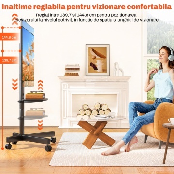 Suport TV Mobil pe Roti Runex®, Stand pentru Televizoare 23-60 Inch, Compatibil VESA 100x100 - 400x400 mm, Inaltime Reglabila 139.7-144.8 cm, TV Plat sau Curbat, Sarcina Maxima 39.9 kg, Raft Reglabil, Inclinare -2°/+8°, Roti cu Blocare, Management Cabluri - Img 2