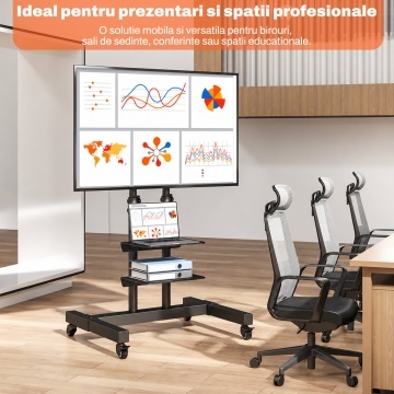 Suport TV Mobil pe Roti Runex®, Stand pentru Televizoare 32-80 Inch, Compatibil VESA 100x100 - 600x400 mm, Inaltime Reglabila 112-162 cm, Sarcina Maxima 40 kg, 2 Rafturi Media, Structura Dubla, Roti 360° cu Blocare, Management Cabluri, Sistem de Siguranta - Img 5