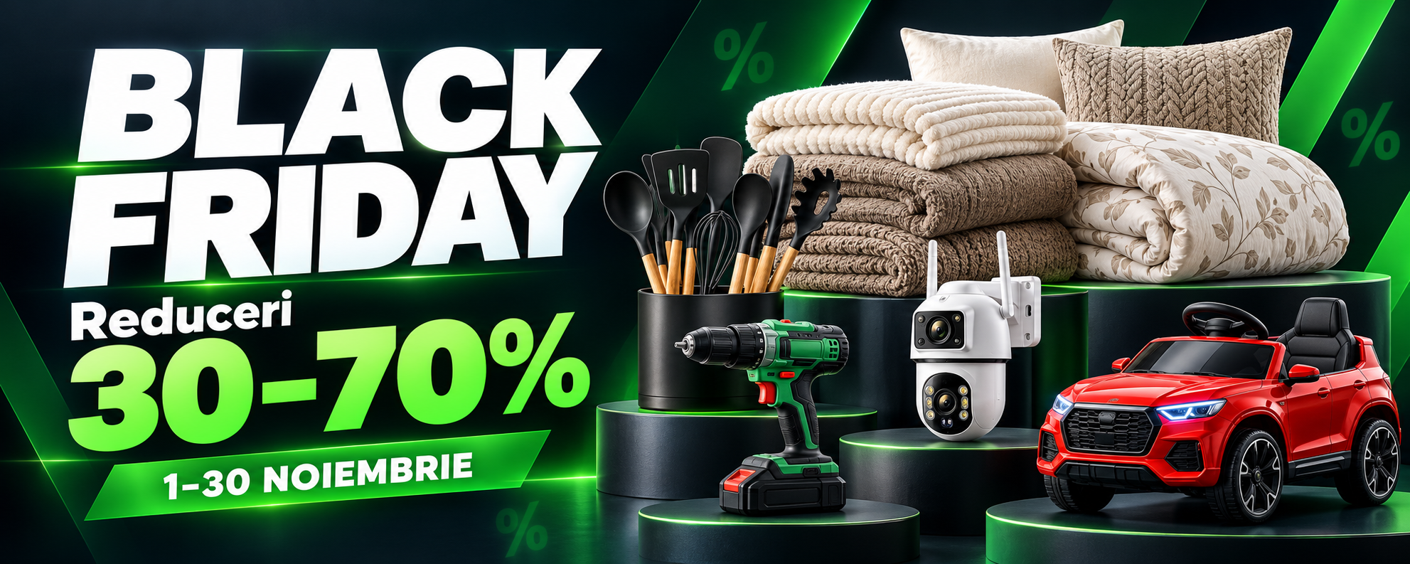 Black Friday Divendi — Reduceri 30–70% — 1–30 noiembrie. Textile, bucătărie, scule, electronice și jucării.