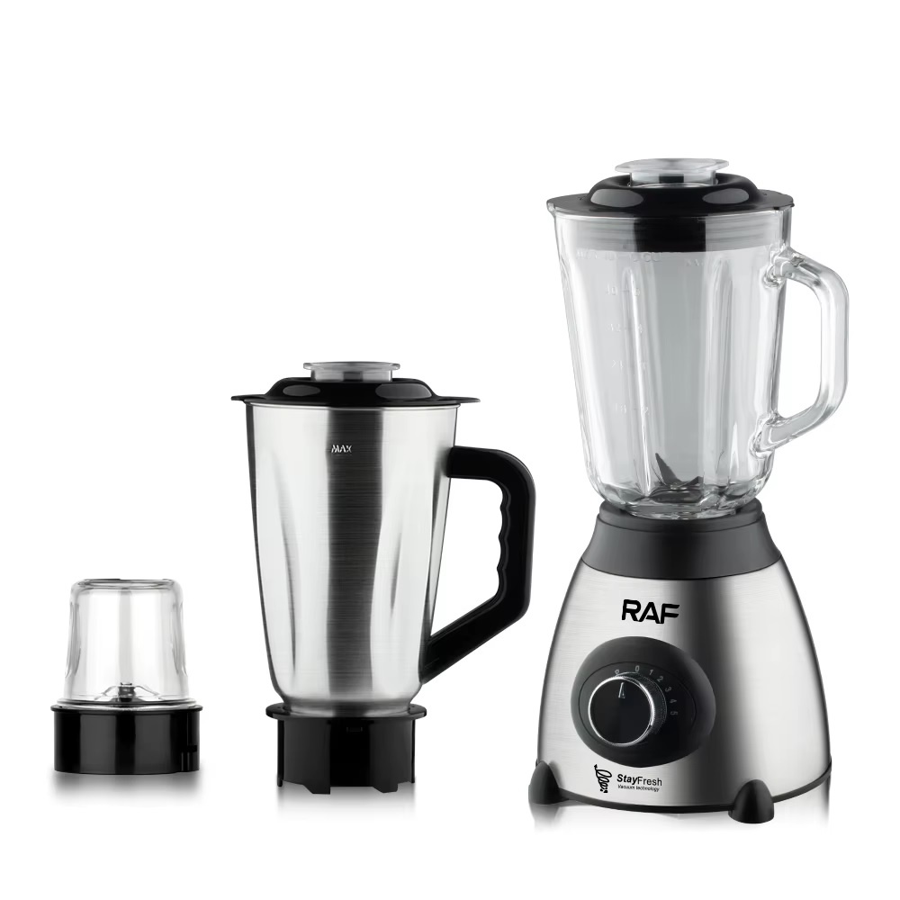 Blender Electric 3 în 1 RAF R.2871, 1000W, Pahar 1.5L din Sticlă, Vas Inox, Râșniță, 2 Viteze + Pulse, StayFresh, Negru/Inox - 3 | YEO