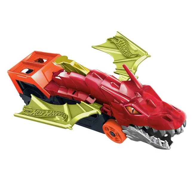 Camion in forma de dragon Hot Wheels care lanseaza masini, insotit de o masina Hot Wheels, din metal, 35.5x7.5x13cm, multicolor - 3 | YEO