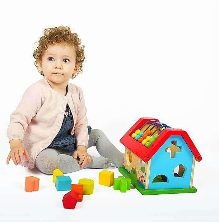 Casuta din lemn ABAC si sortator cu forme geometrice, pentru copii 2 ani+, 19x18.5x20 cm, multicolor - 1 | YEO
