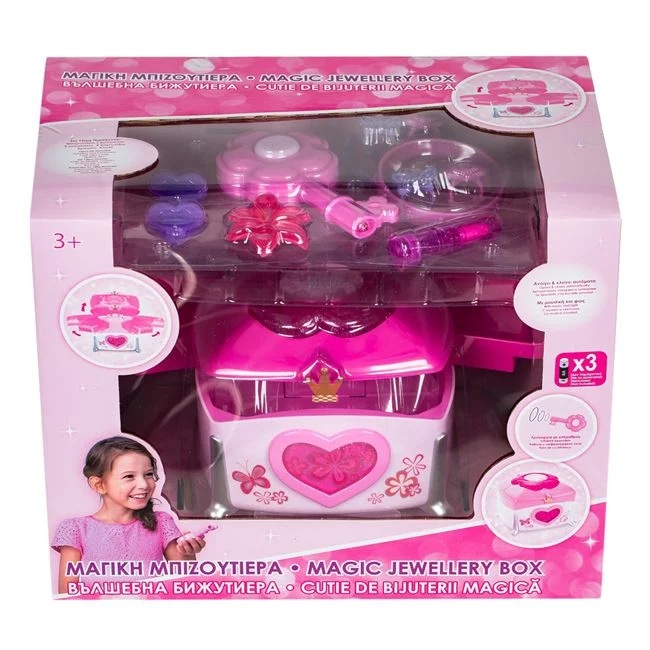 Cutie de bijuterii magica cu accesorii si bijuterii incluse, cu lumini si muzica, din plastic, 23x23x18cm, roz