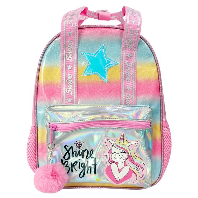 Ghiozdan Gradinita cu Breloc Pompon, model Unicorn, 25 x 12 x 32 cm, roz