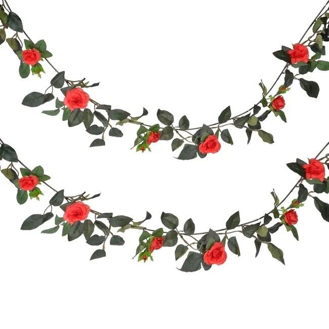 Ghirlanda decorativa din flori artificiale, cu flori rosii de trandafiri si frunze verzi, 1,8 m, rosu/verde