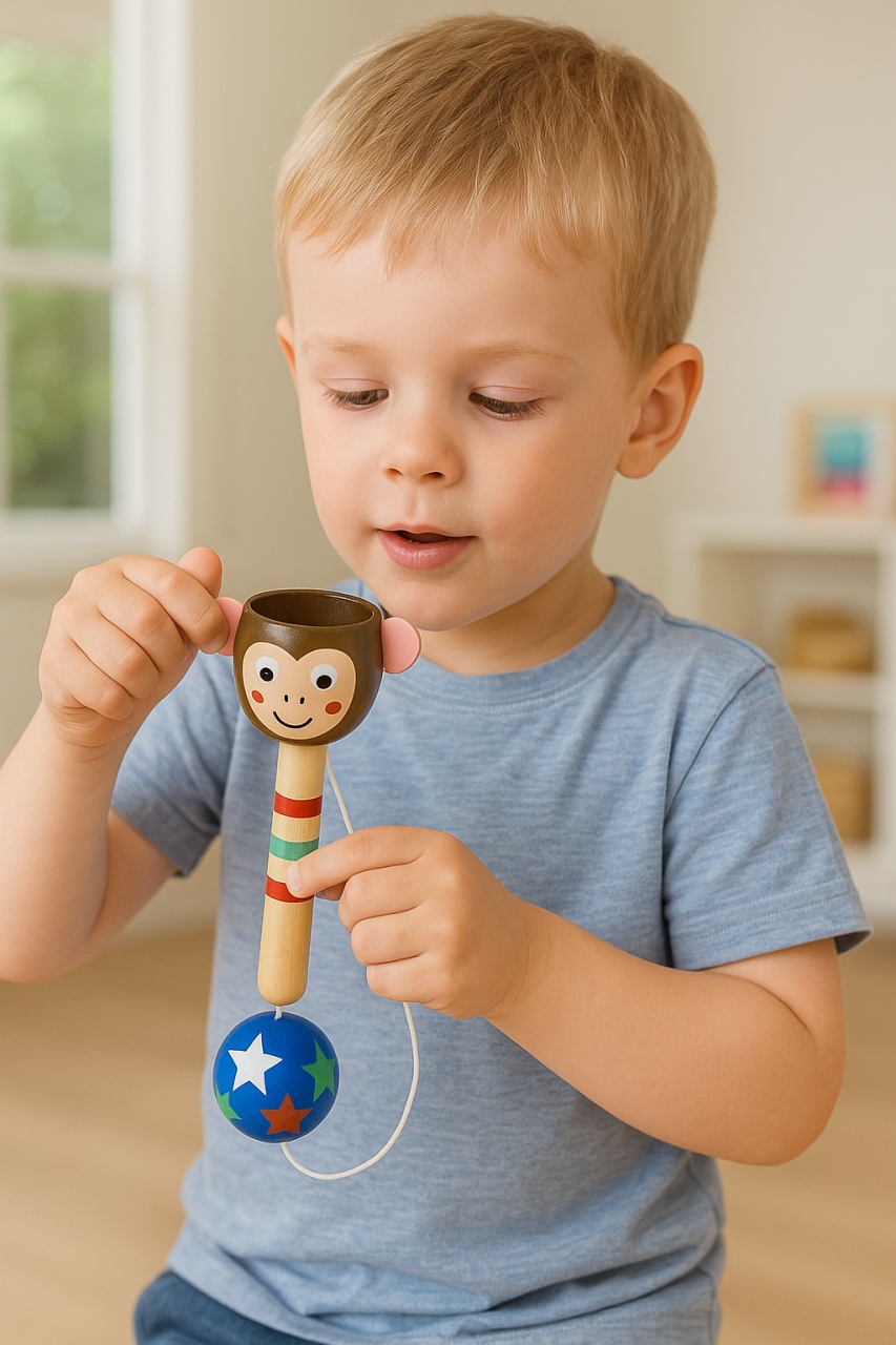 Jucărie Din Lemn Tip Kendama – Model Maimuțică, Cu Bilă Colorată și Fir, Joc de Îndemânare pentru Copii - 2 | YEO