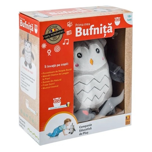 Jucarie educativa pentru copii 3+ ani, Forma de bufnita, Cu sunete si povesti in limba romana, Functionare cu baterii 2xAAA (neincluse), Plastic-Poliester, 46x12x34cm, Gri-alb